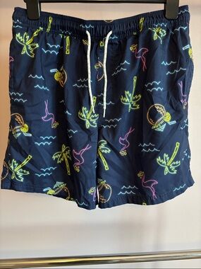 Goodfellow & Co Navy Swim Trunks with Neon Palm & Flamingo Print